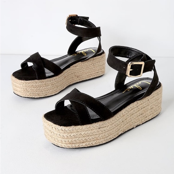 Lulus Shoes - Black Suede Espadrille Platform Sandals